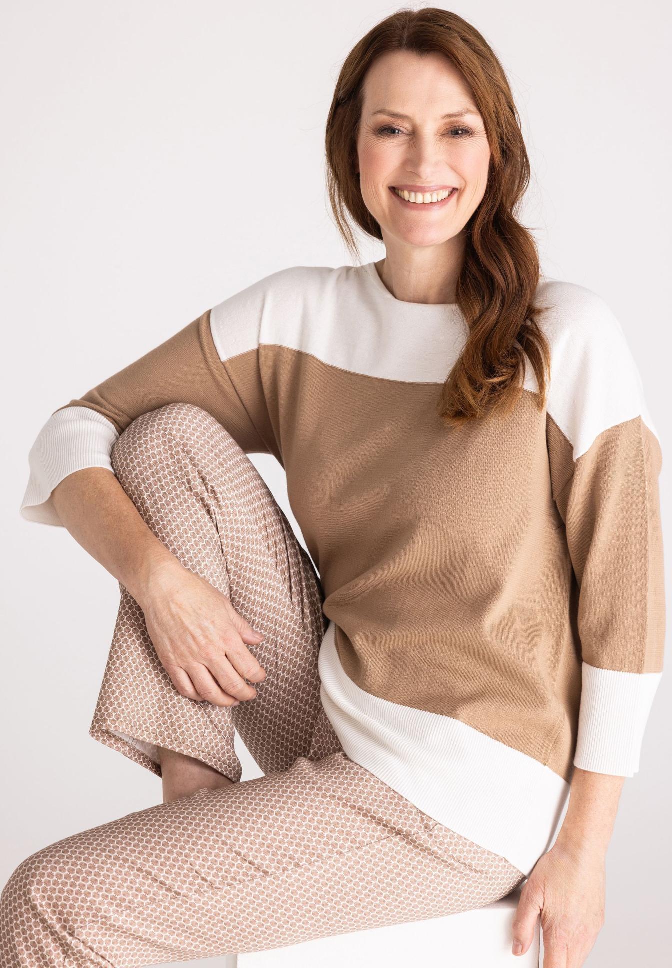 Pullover, Streifen, Damen, Baumwolle, Beige