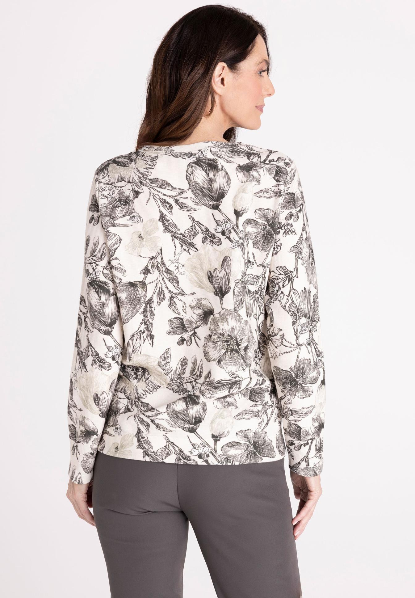 Blumenmuster, Langarm, Top mit Muster, Pullover-Top, Weißes Kleidungsstück, Bluse, Langarm, Blumenmuster, Creme, Grau