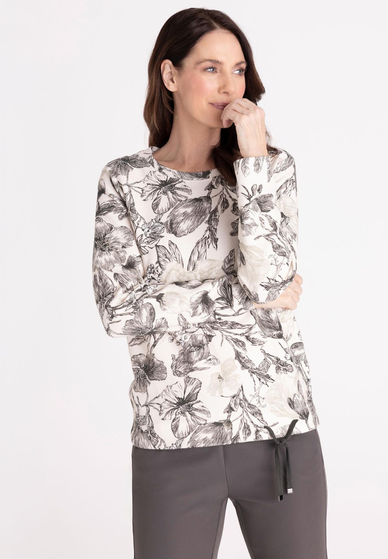 Bluse, Langarm, Blumenmuster, Weiß, Kräuselungen, Bluse, Blumenmuster, Langarm, Weiß, casual