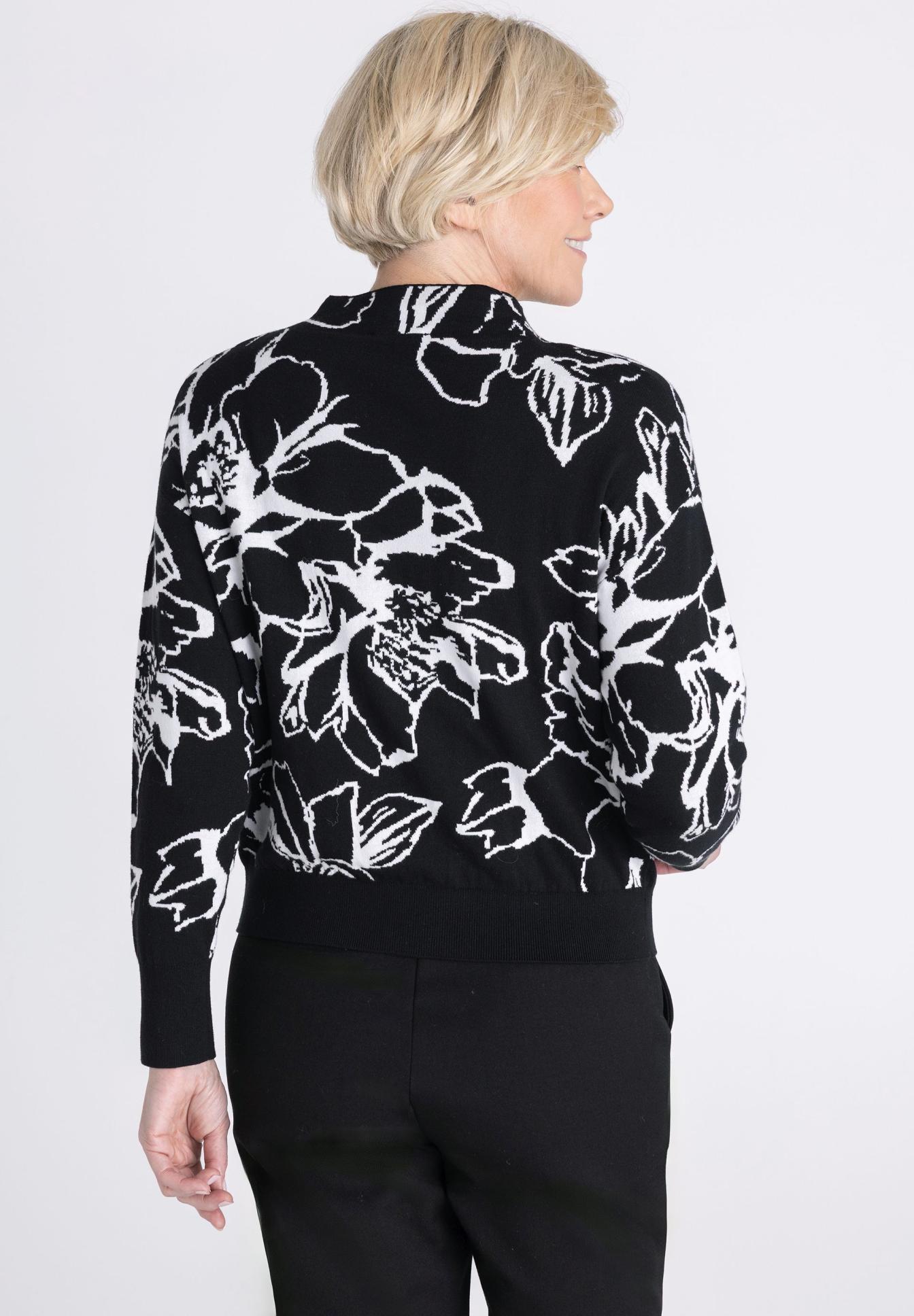 Strickjacke, Schwarz-weiß, Blumenmuster, Langarm, Strick