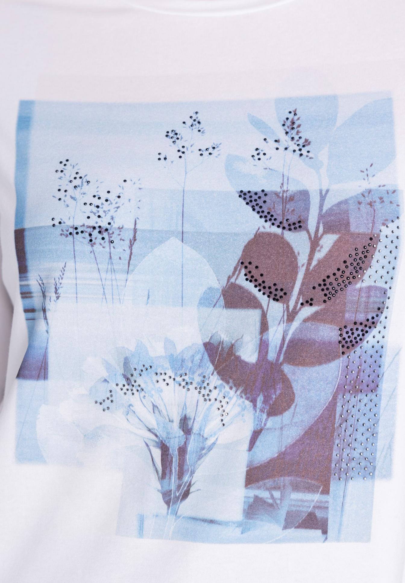 T-Shirt, Print, Blumenmuster, Blau, Punkturmuster, Blumenmuster, Jersey, Druck, Floral, Melierte Farben, blumenmuster, druck, tropische-farben, stoff, applikation, Blumenmuster, Blaues Muster, T-Shirt-Print, Blüten