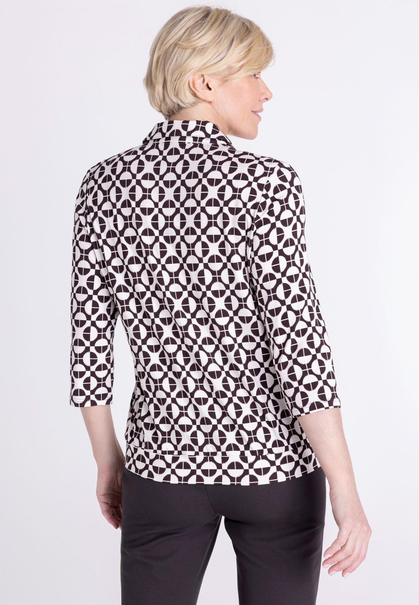 Blazer, Geometrisches Muster, Dreiviertelarm, Kragen, Schwarz-Weiß, blazer, bluse, geometrischer print, kurze ärmel, schwarz-weiß, Blazer, Geometrischer Muster, Dreiviertelarm, Kragen, Hemdblazer