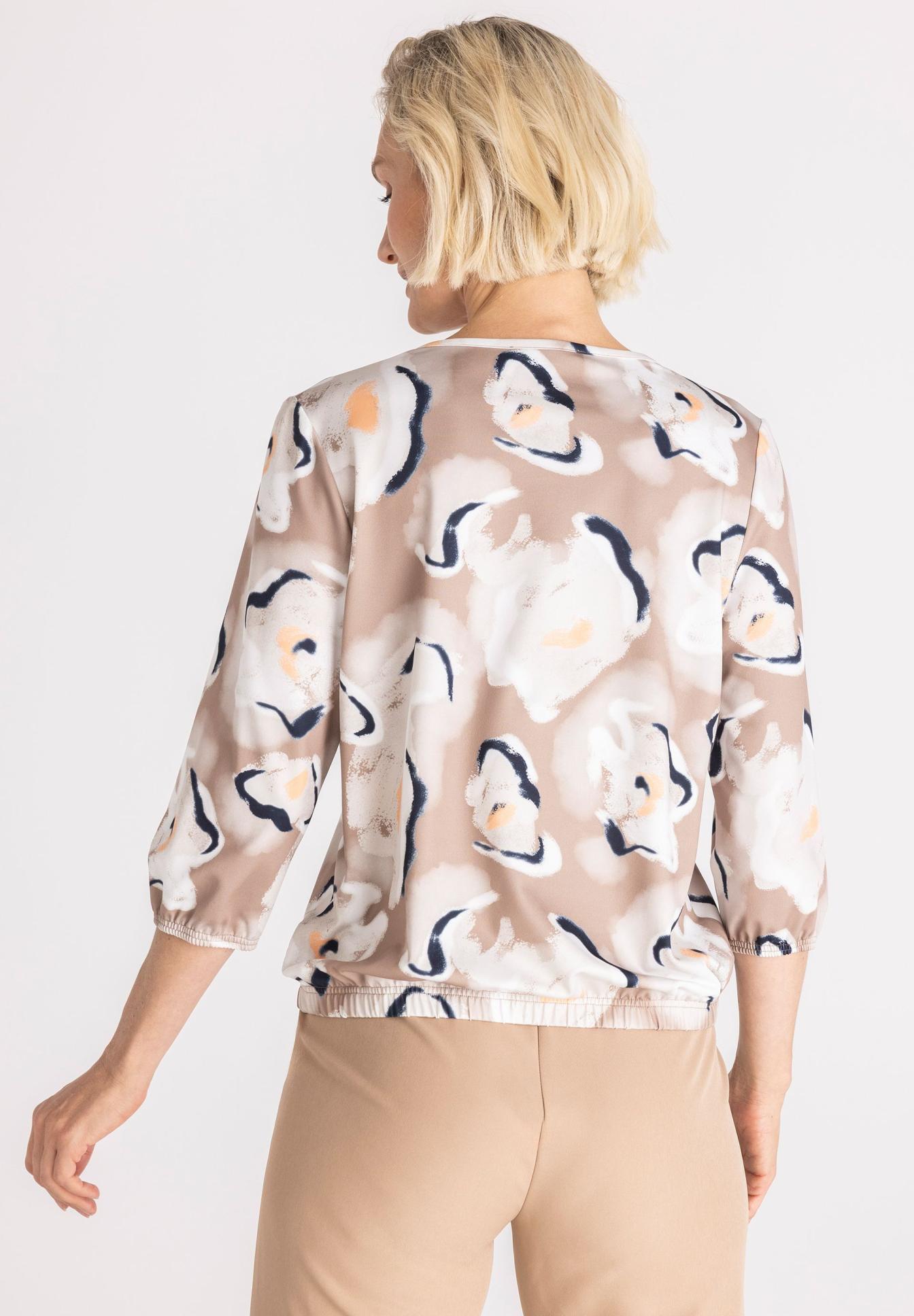 Bluse, Muster, Beige, 3/4-Ärmel, Weiß, Bluse, Druck, Beige, Langarm,  Muster, Bluse, Langarm, Abstraktes Muster, weiß-beige, Chiffon-Top