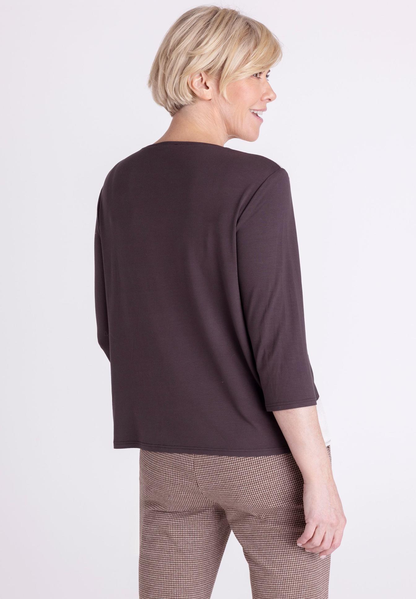 dunkelbraun top, 3/4-ärmellanges top, betonte schnitt, einteilige oberteil, weicher stoff, dunkelbraun, 3/4-Arm, Rundhalsausschnitt, Jersey, Bluse, dunklebluse, langarm, rundhalsausschnitt, lose passform, einfarbig