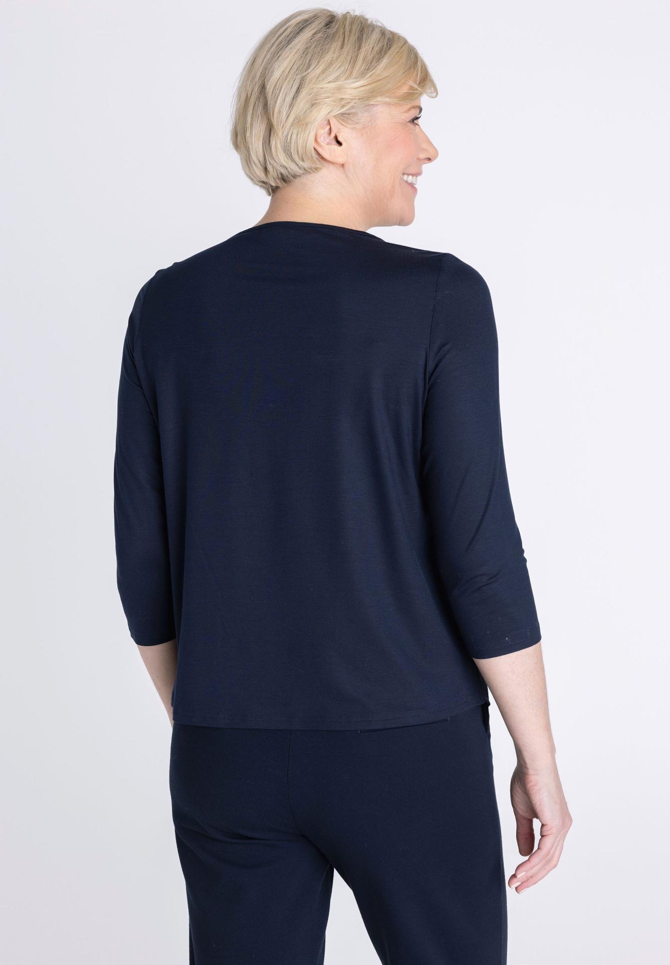 navy_top, 3/4_sleeve, crew_neck, knit_top, solid_color, Damen-Shirt, 3/4-Arm, Navy, Rundhalsausschnitt, Kleidungsetuik, dunkelblau, Langarmshirt, Kleidung, Garnitur, Rückansicht, Damenoberteil, Langeärmlig, Navyblau, Rundhals, Baussige Passform