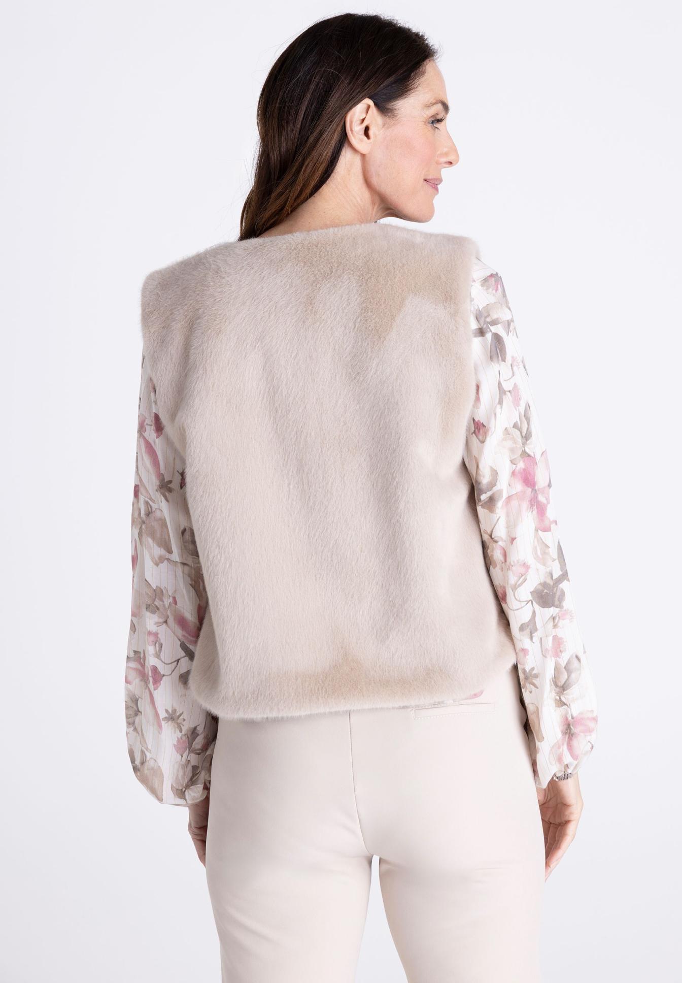 Weste, Faux Fell, Mantelweste, Blumenärmel, Blusenärmel, Fauxpelz, Beige Weste, Blumenärmel, Langarm, Helle Farbe