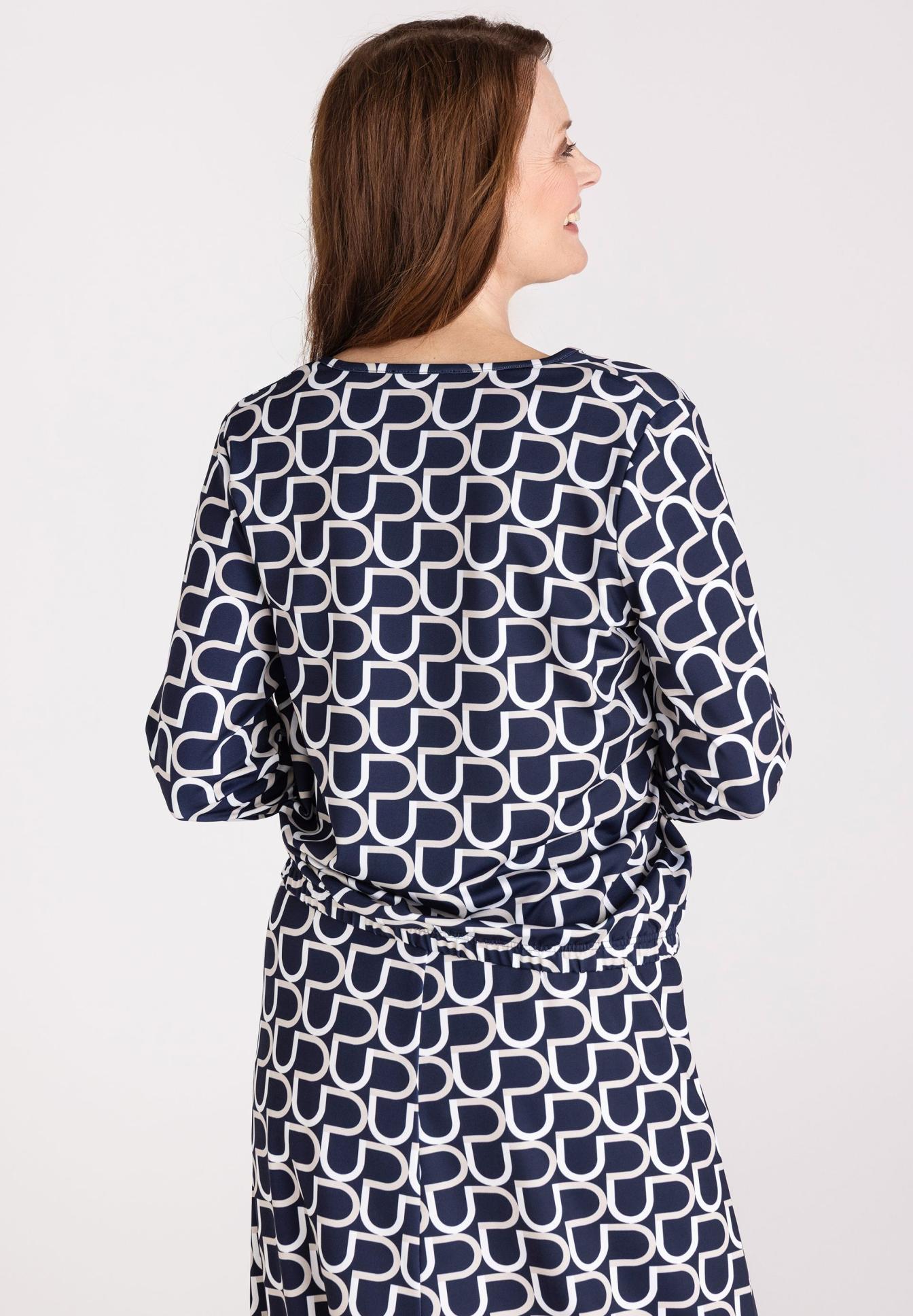 Musterkleid, Geometrisches Muster, Lange Ärmel, Navy Blau, Rückansicht, Navy Blouse, Geometric pattern, Long sleeve, Crew neck, Loose fit