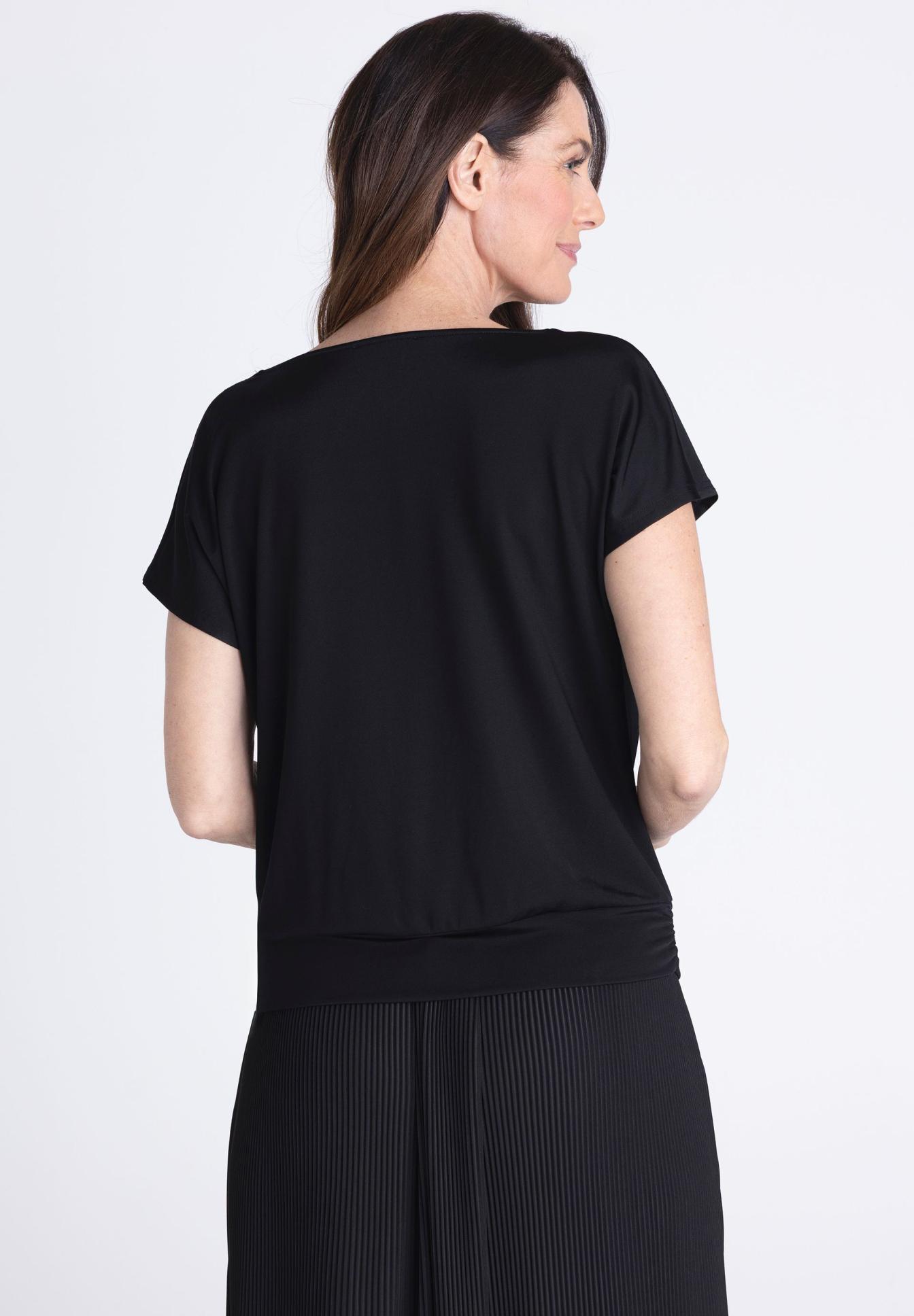 Kurzarm-Top, Schwarz, Rundhals-Ausschnitt, glatte Oberfläche, weite Passform, blacker Oberteil, kurze Ärmel, Rundhalsausschnitt, lockere Passform, Knit-Top