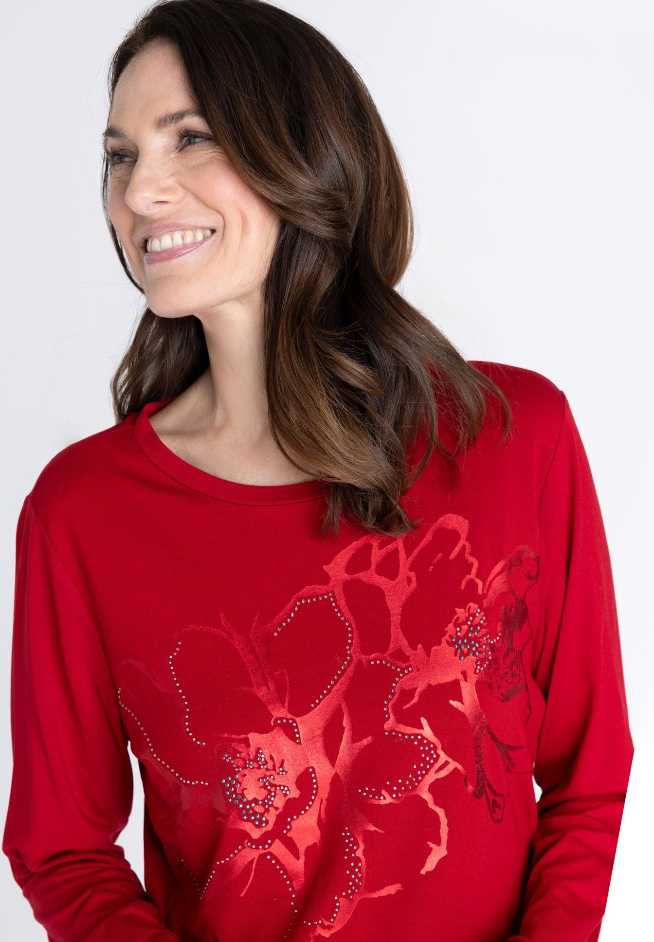 Damenoberteil, Langarmshirt, Rundhalsausschnitt, Rot, Blumenmotiv