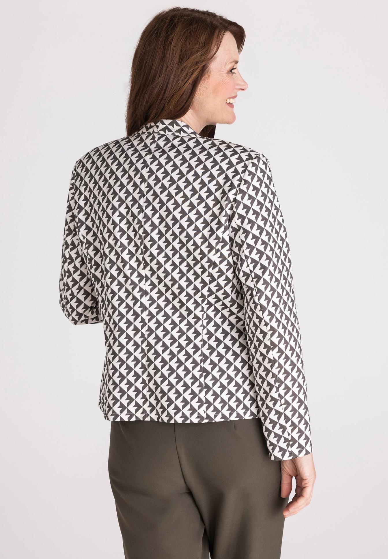 Geometrischer Musterblazer, Grau-weißer Druck, Langarm-Blazer, Knotenmuster, Jacke