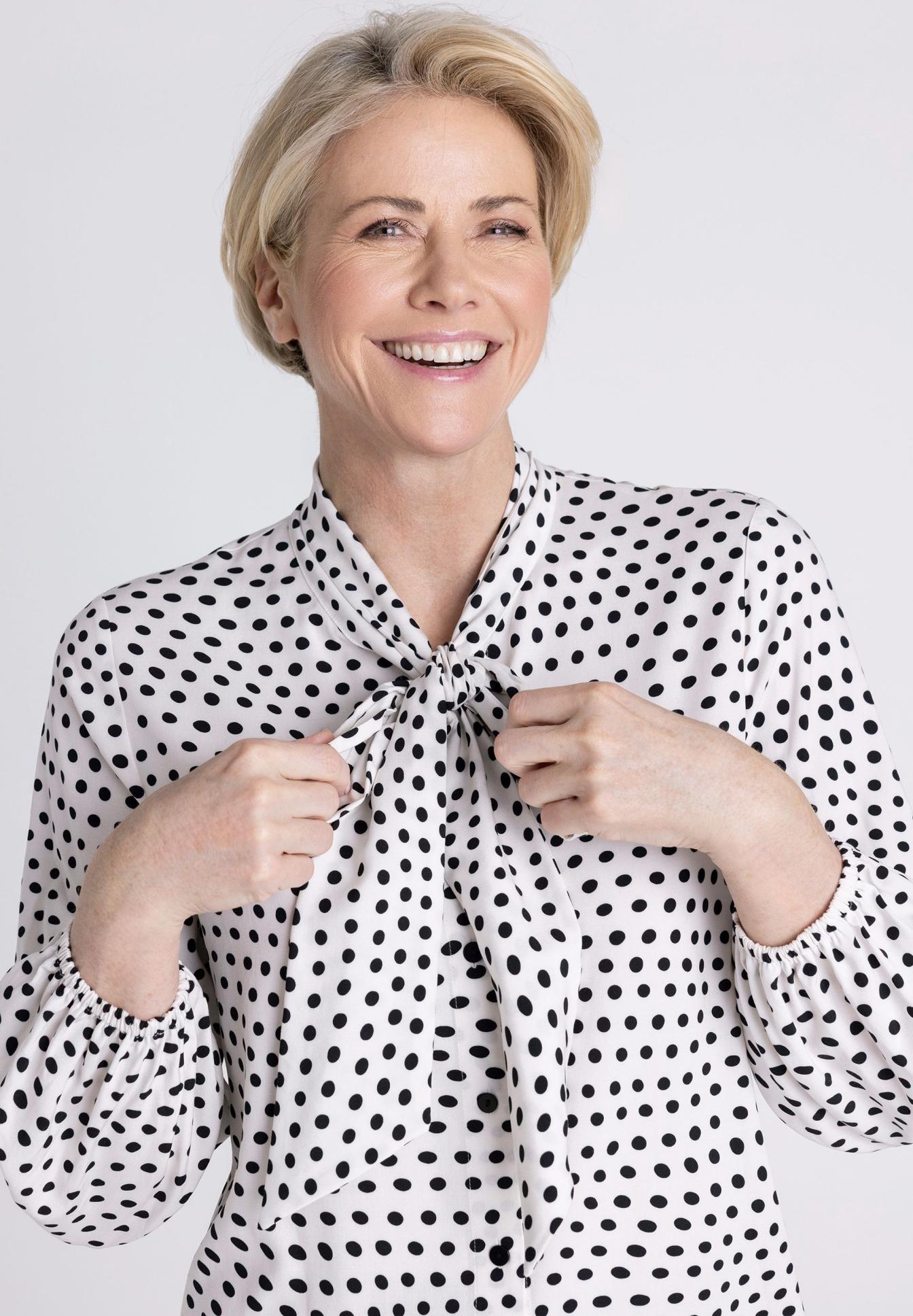 Polka dot, Bluse, Halsband-Knoten, Langarm, Weiß-Schwarz