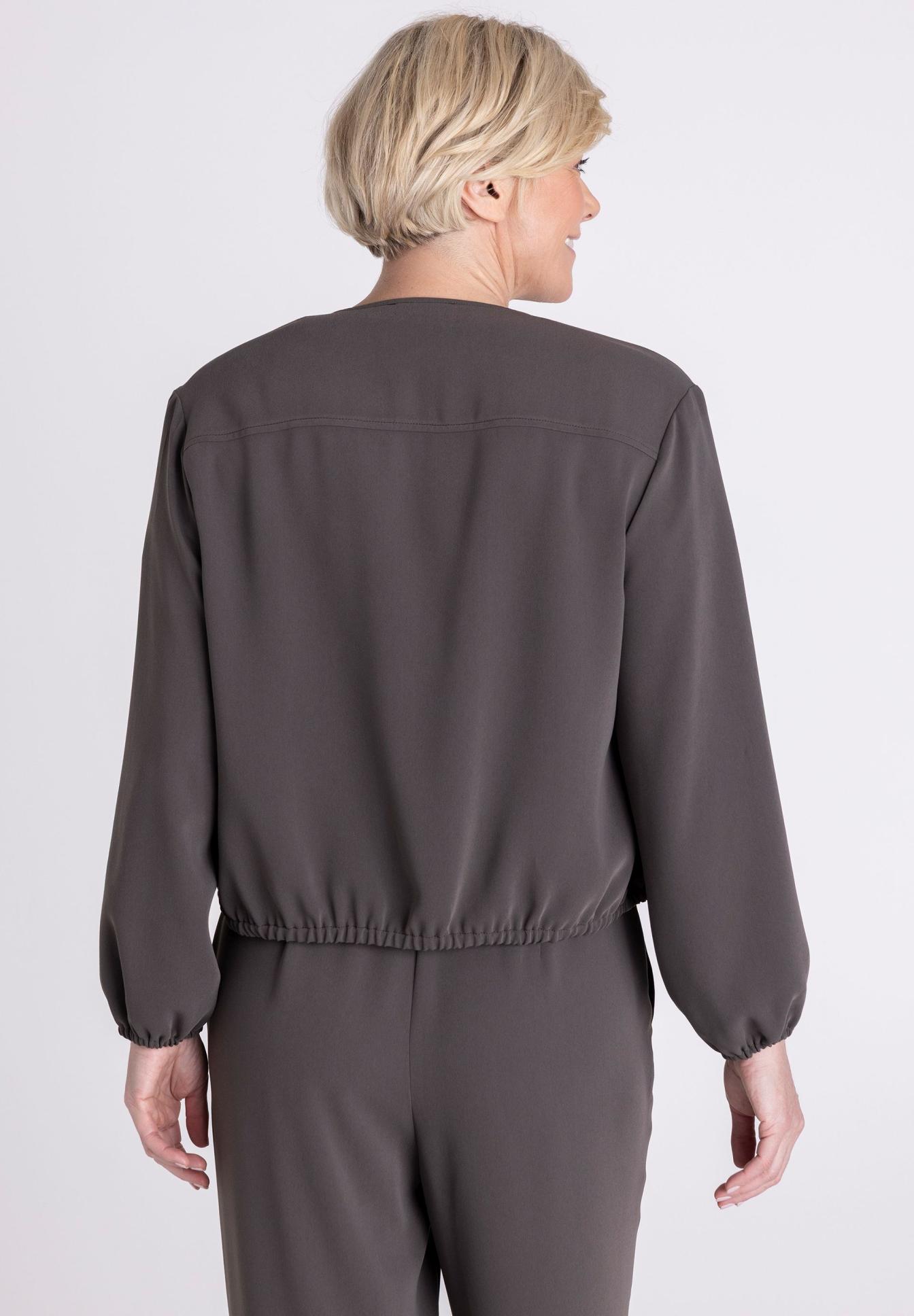 Jacket, Langarm, elastischer Bund, Unifarben, Rückenansicht, Jersey-Top, Langarmjacke, Grau, Elastischer Bund, Rückenansicht, Jacke, Langarm, Unifarben, Elastischer Bund, Rückansicht, Jersey-Top, Laufranshinlet, Körpernah, Gummizug, Langarm