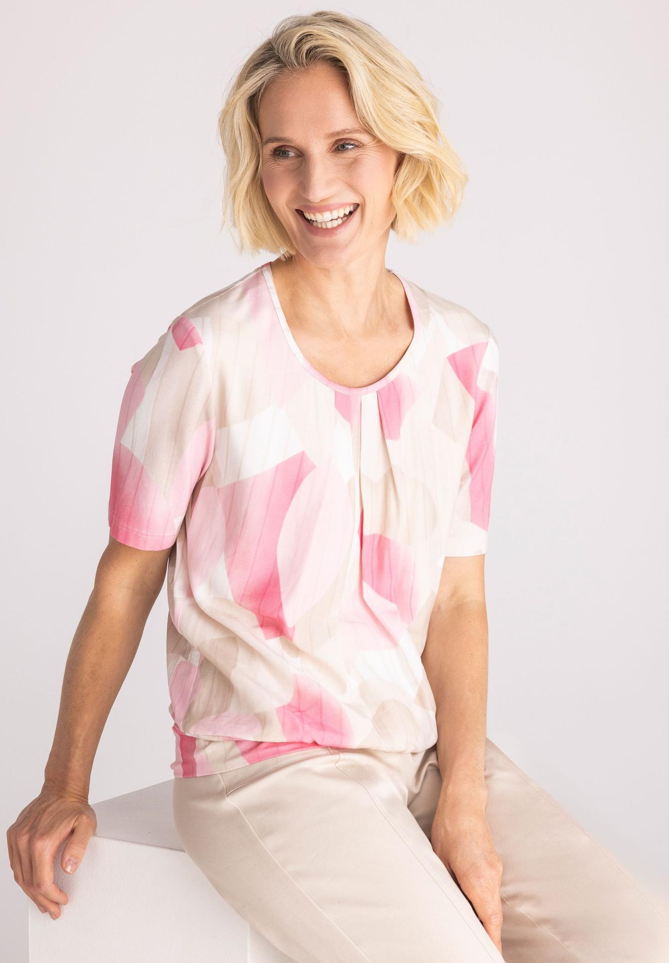 bluse, pink, muster, kurzarm, baumwolle