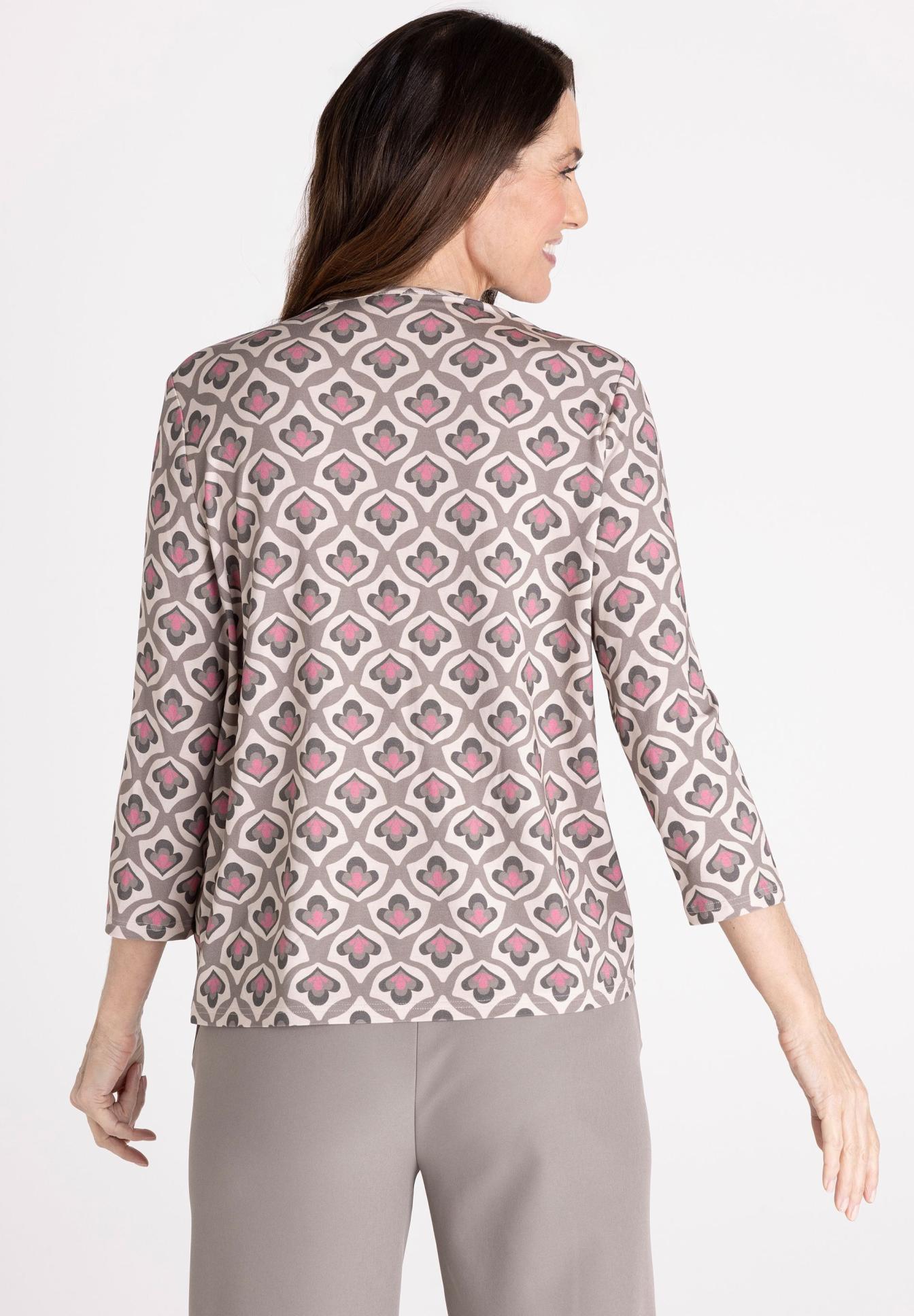 Bluse, Rückansicht, Langarm, Statementmuster, Beige, Musteroberteil, Langarm, Beige, Rosa Akzente, Geometrische Motive