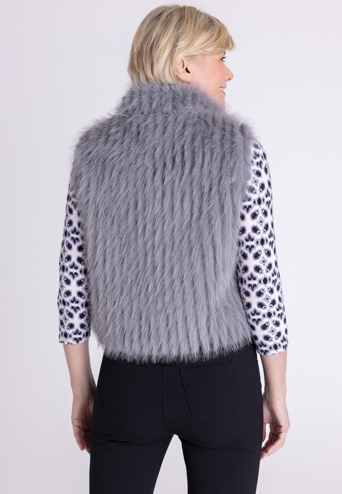 Faux fur vest, Grau Fell, Ärmellose Lage, Leopardenmuster Ärmel, Winterweste, Faux fur vest, Grau, Weste, Manteloptik, Leopardenmuster