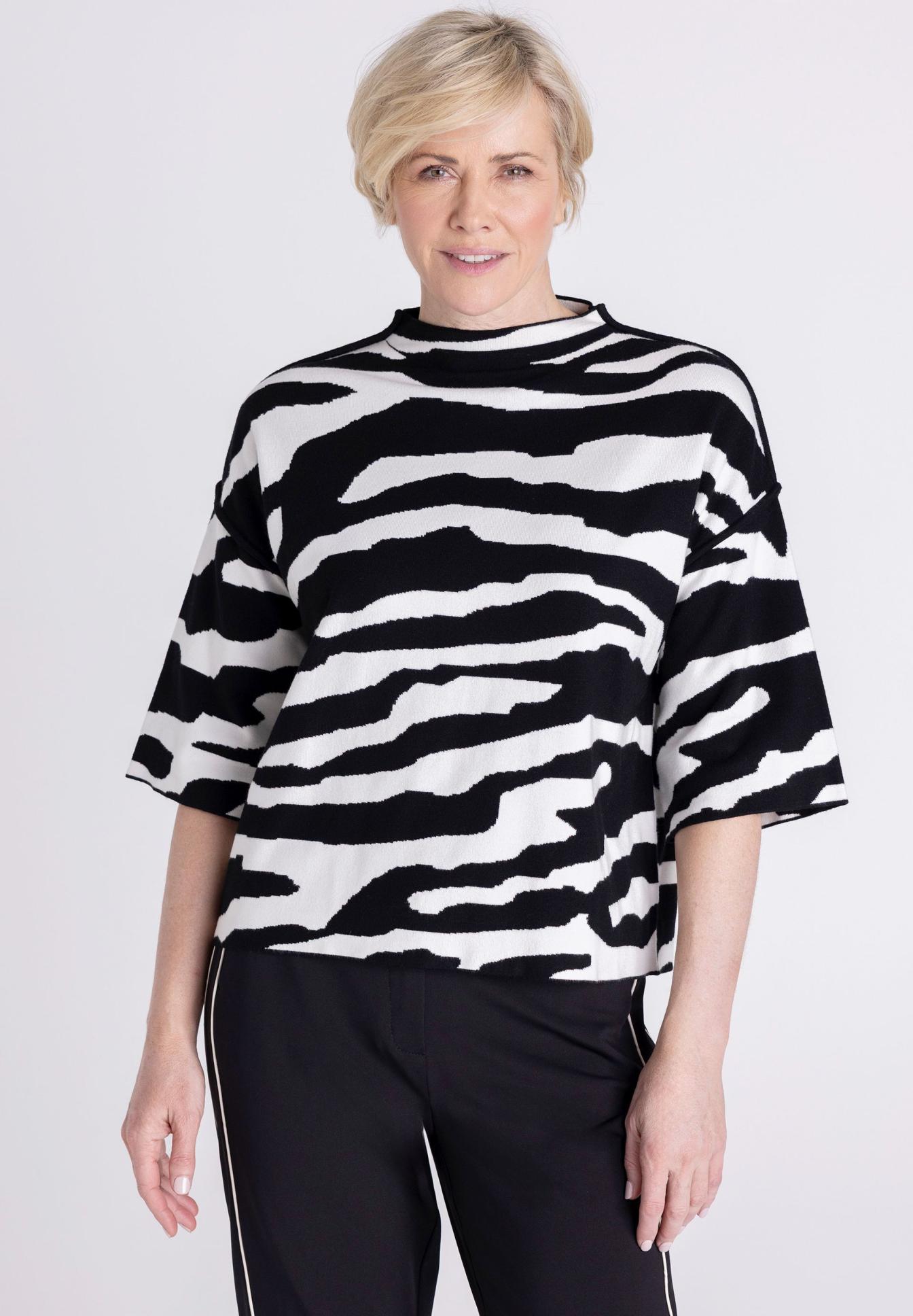 Zebra Muster, Streifenoberteil, Oversized, Sweatshirt, Kurzarm, Zebra-Muster, Pullover, weite Ärmel, Oversize, Black/White