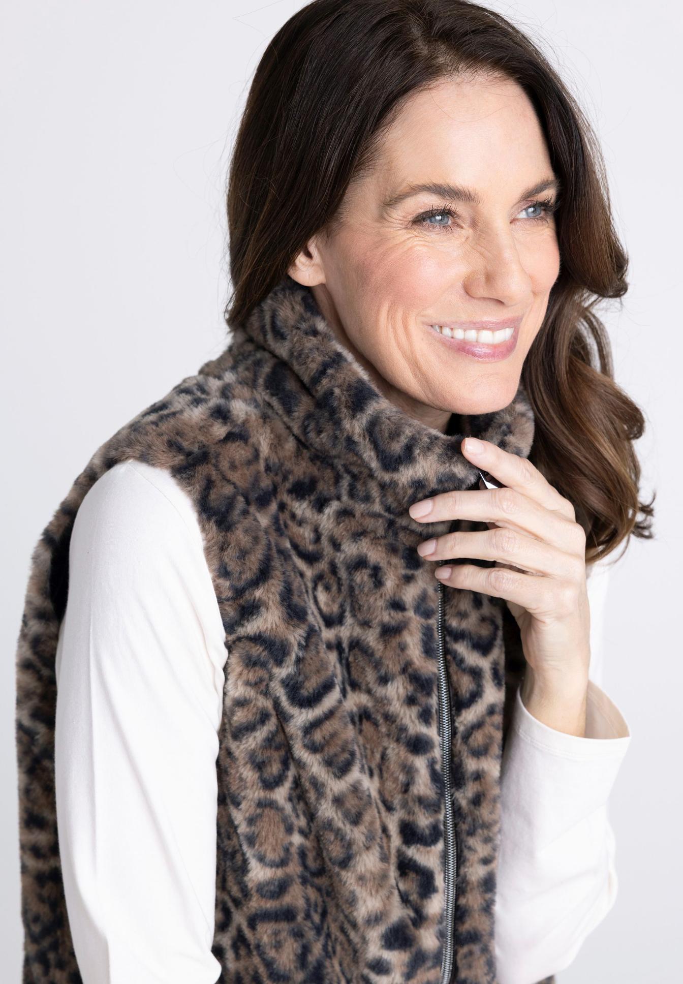 Leopardenkaro, Fleecelook, Weste, Mantel, Tierfellmuster