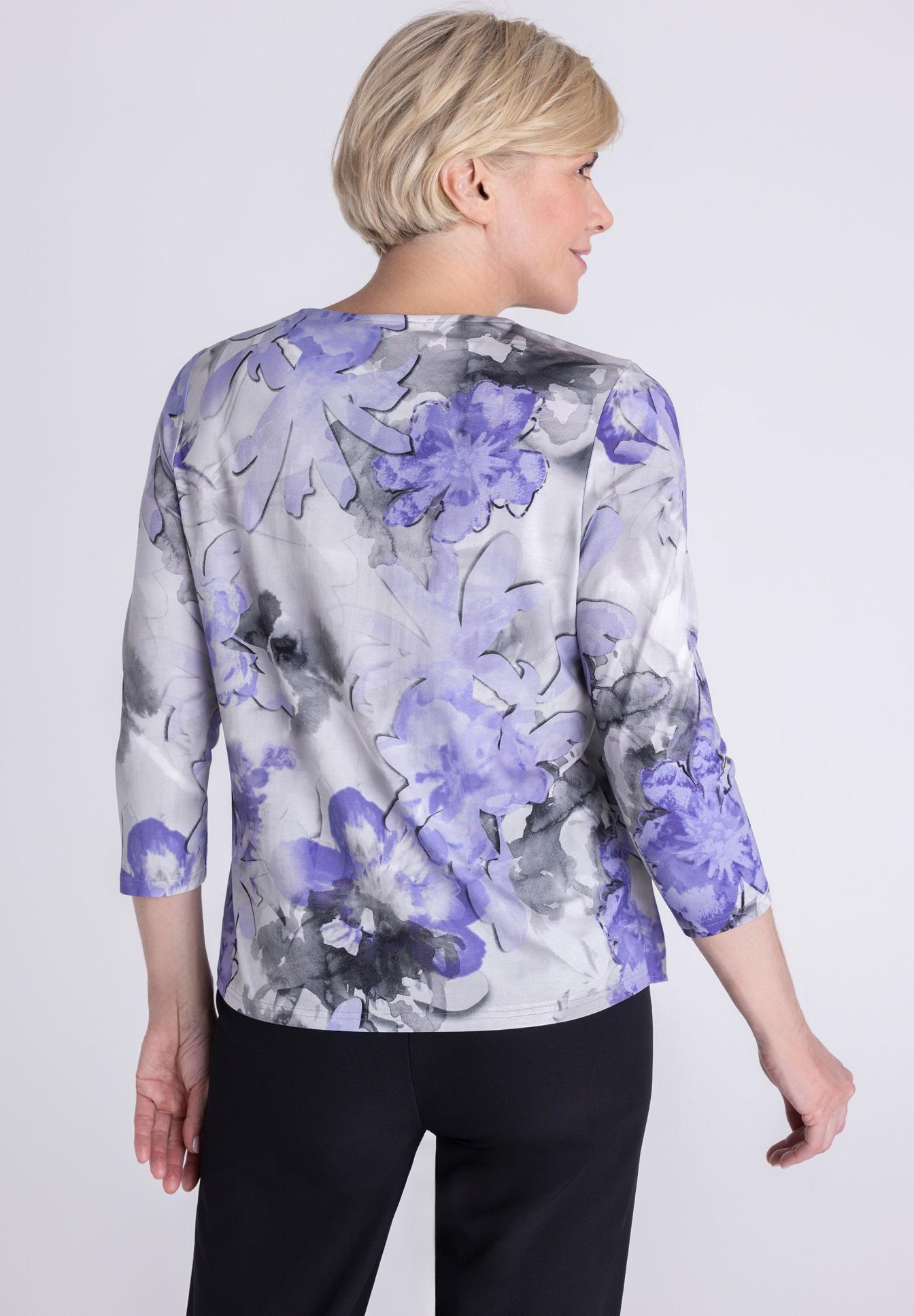Bluse, Blumenprint, Luftiges Oberteil, 3/4-Ärmel, Lila Schwarz, Bluse, Blumenmuster, Lila, 3/4-Ärmel, Weiß-Grau