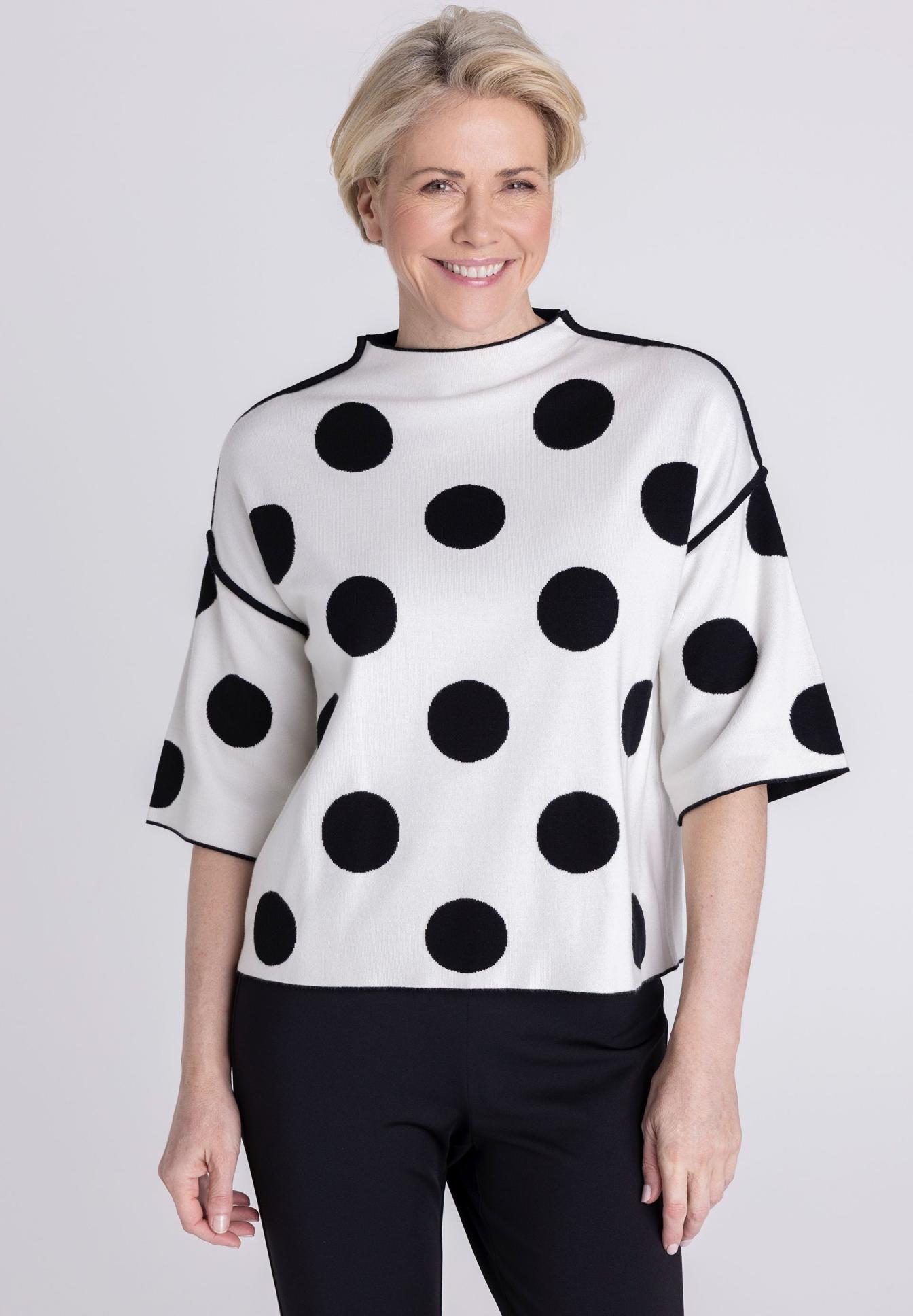 Polka dot, Pullover, Kremweiß, Kurzarm, Sweatshirt, Pullover, Punkte Muster, Schwarz-weiß, Oversized, Kurze Ärmel