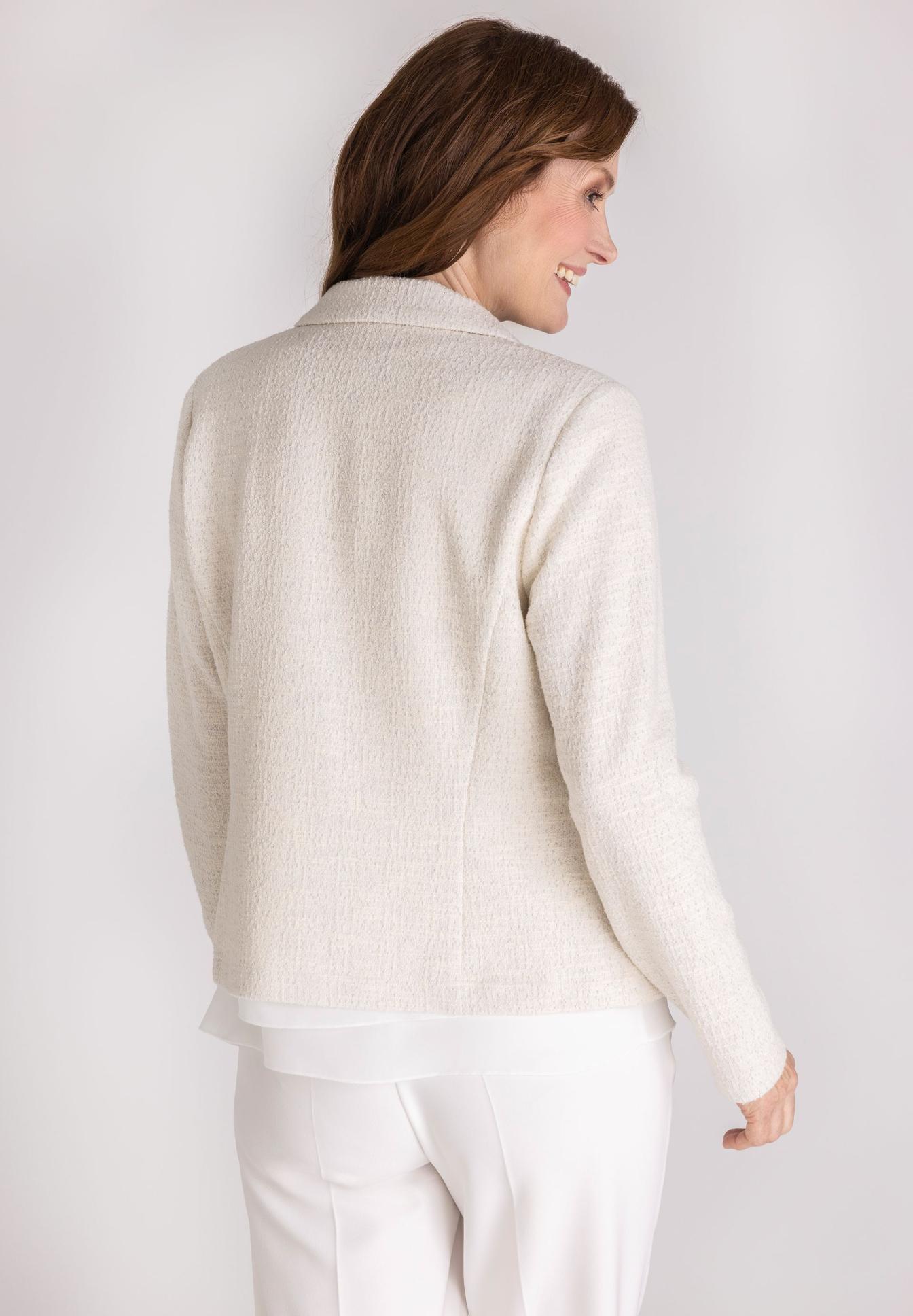Cardigan, Knit, Cremefarben, lange Ärmel, Kragen? nicht sichtbar, jacke, blazer, tweed, creme, langarm, Jacket, Blazer, Kuschelfibe, Beige, Rückenansicht, Mantel, Blazer, Beige, Kragen, Textur, jakke, crepe-texture, beige, langearm, kariert