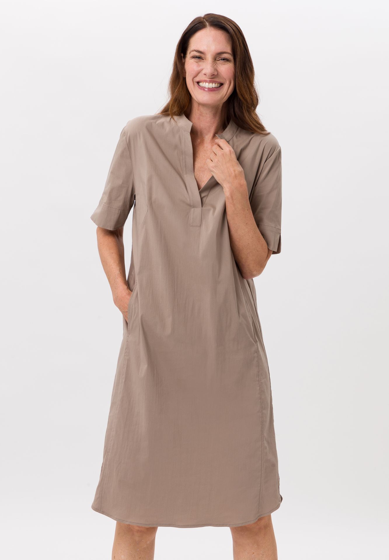 Kleid, knie-lang, beige, kurzarm, Taschen