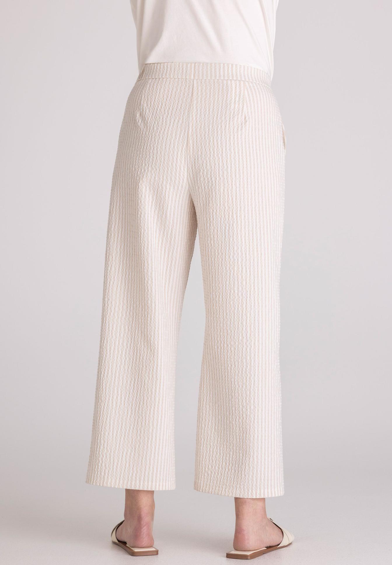 beige pants, weite Bein, Knitterfalten-Stoff, Knöchellänge, elastischer Bund