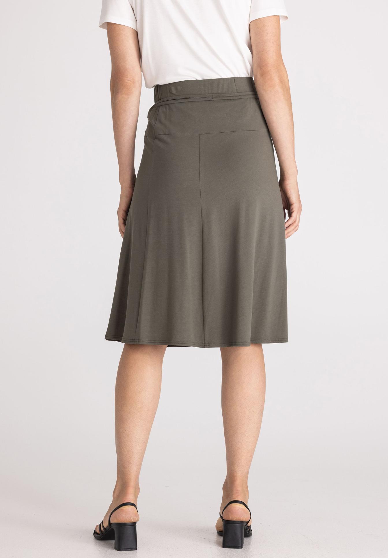 Rock, Knie-Länge, Khaki, A-Linien-Schnitt, Gürtel-Look, Rock, knielang, oliv, A-Linie, Stoff, rok, midikurz, olive, einfarbig, taillierte, rock, knielang, oliv, a-linie, stoff