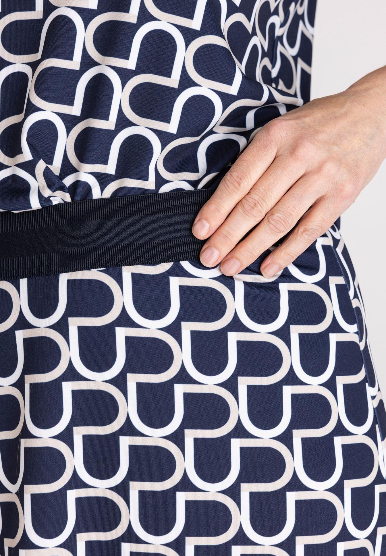 Print, Pattern, Gürtel, Geometrisch, Kleid, Kleid, Navy, Geometrischer Muster, Breite Taille, Rückenoptik, Damenkleid, Taillengürtel, Navy Blau, Geometrischer Druck, Kleiderstoff, Kleid, Druck, Gürtel, Nähte, Geometrischer Muster