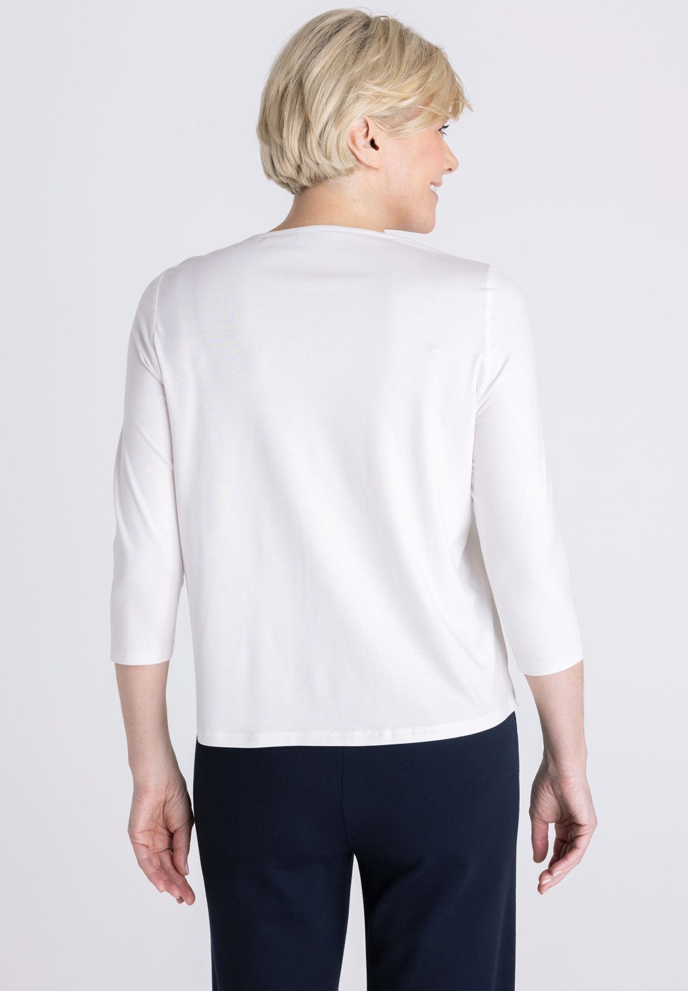 weiß, Langarmshirt, Knit, Baumwolle, Langarm, weisses Langarmshirt, weite Passform, Rundhalsausschnitt, bauschiges Oberteil, alltagstauglich, weißes Oberteil, 3/4-Ärmel, T-Shirt, Blusenoberteil, Rückseite ohne Knöpfe